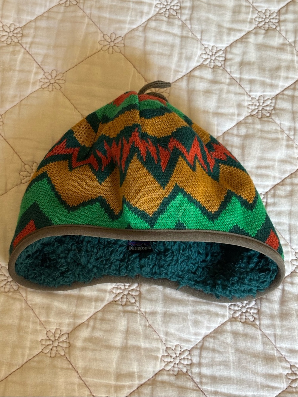 Patagonia Kids Multicolor Zigzag Knit Hat — Green, Yellow, Teal & Orange